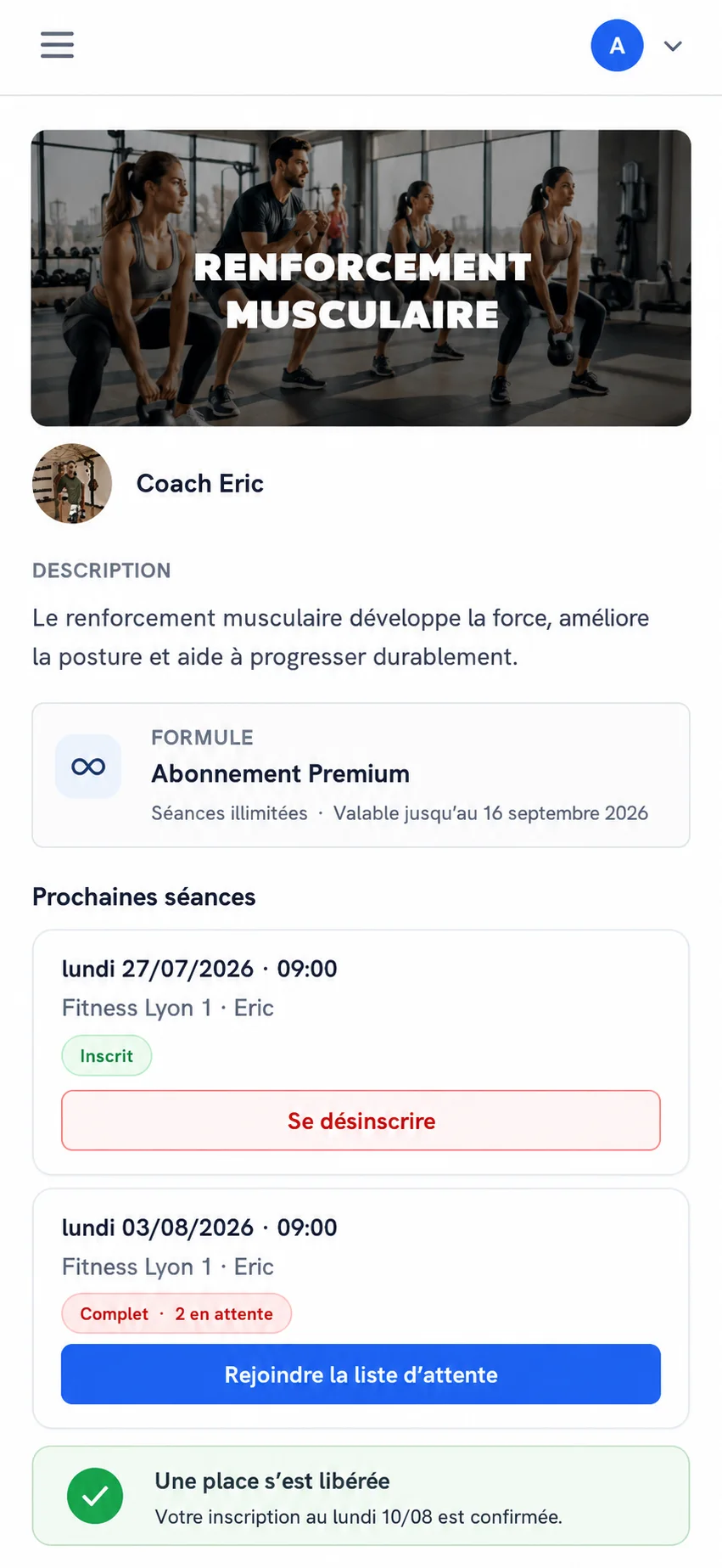 Réservation et liste d'attente automatique sur Sekance.fit